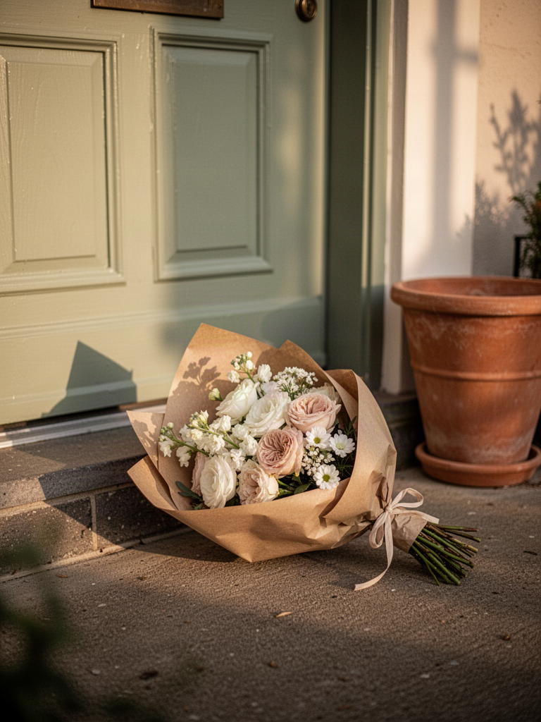 A vibrant fresh bouquet of flowers resting at a front door