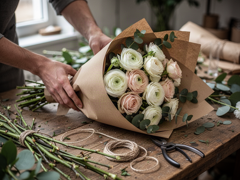 Florist carefully wrapping a bouquet of fresh flowers in craft paper